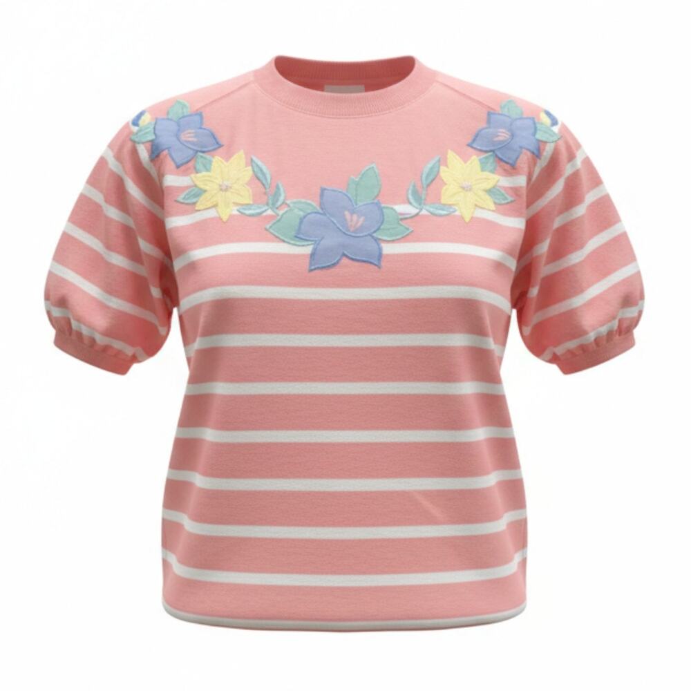 90s ALFRED DUNNER Vintage Pink White Striped Floral Embroidered Tee NWT